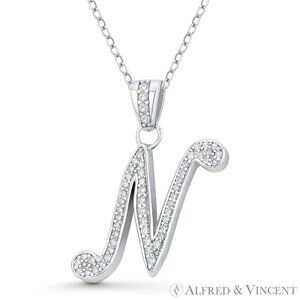 Initial Letter "N" Cursive Script CZ Crystal Pendant in .925 Sterling Silver
